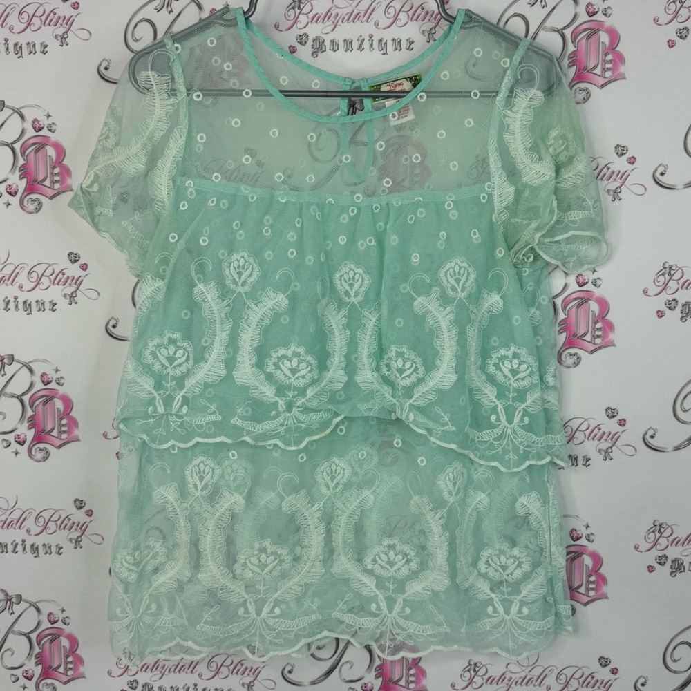 Flying Tomato tshirt tee embroidered green blue Mint Lace Blouse shirt top